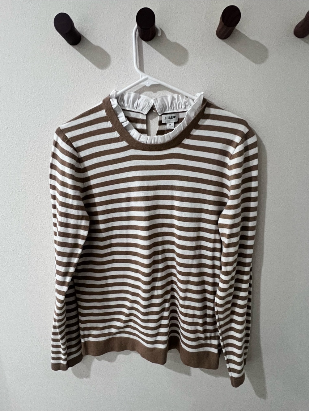 J. Crew Brown and White Striped Ruffle Neck Sweater